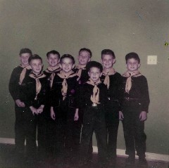 Cub Scouts back row starting from left David King, Jim Macdonald, Johnny Meade, Stan Kulikowski, Danny Dorrough; front row from left Greggy Scott, Hughie Evans, Danny Little